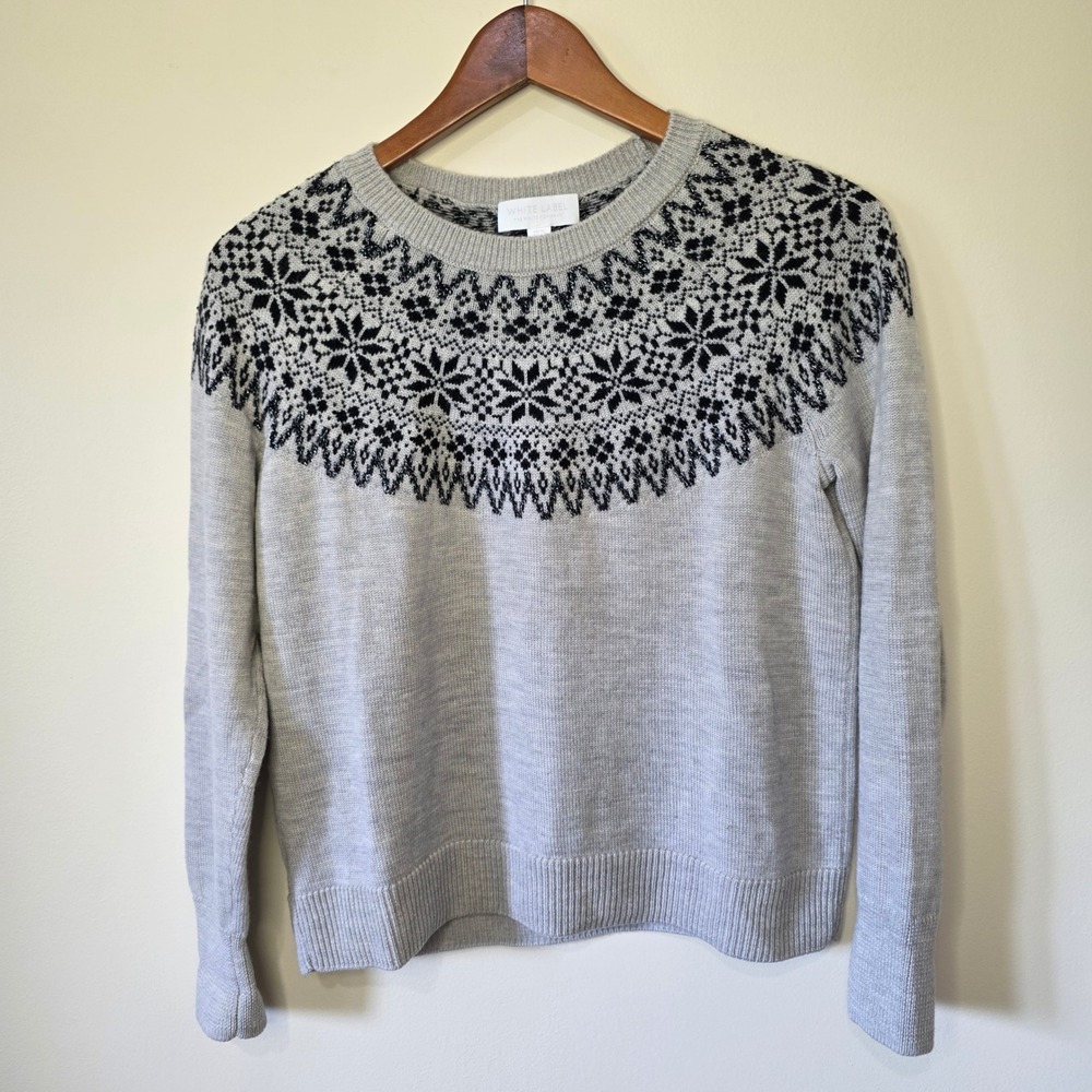 White Label The White Company Sweater Womens 6 Gray Fair Isle Merino Wool Knit